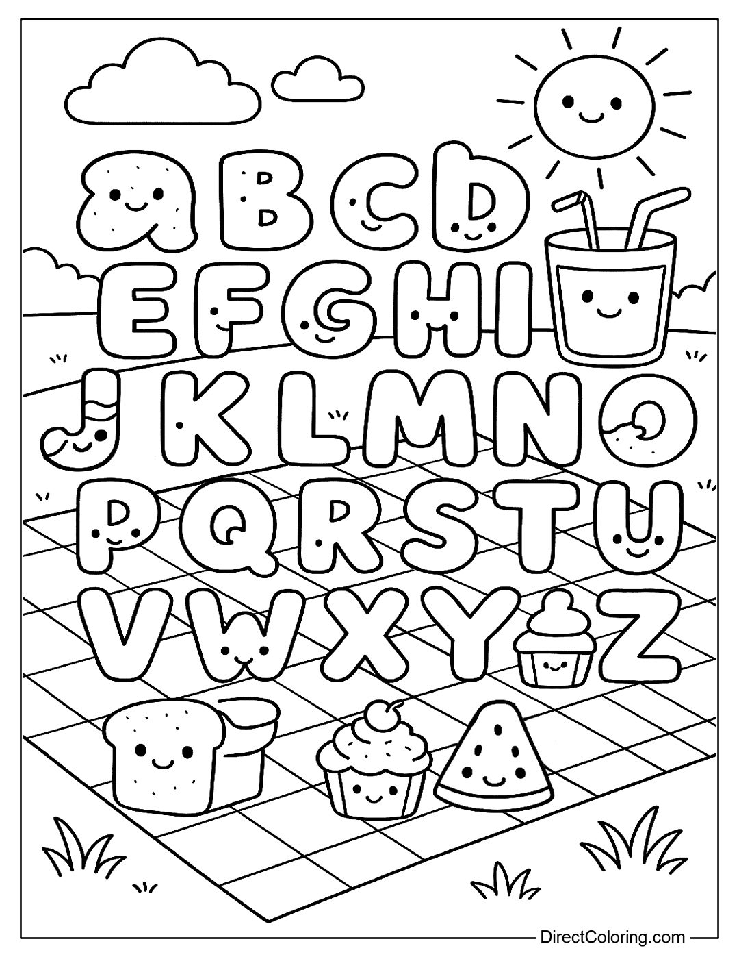 Alphabet coloring page decorated with cute foods like bread, watermelon, cupcakes, and juice, placed on a picnic blanket under the summer sun.